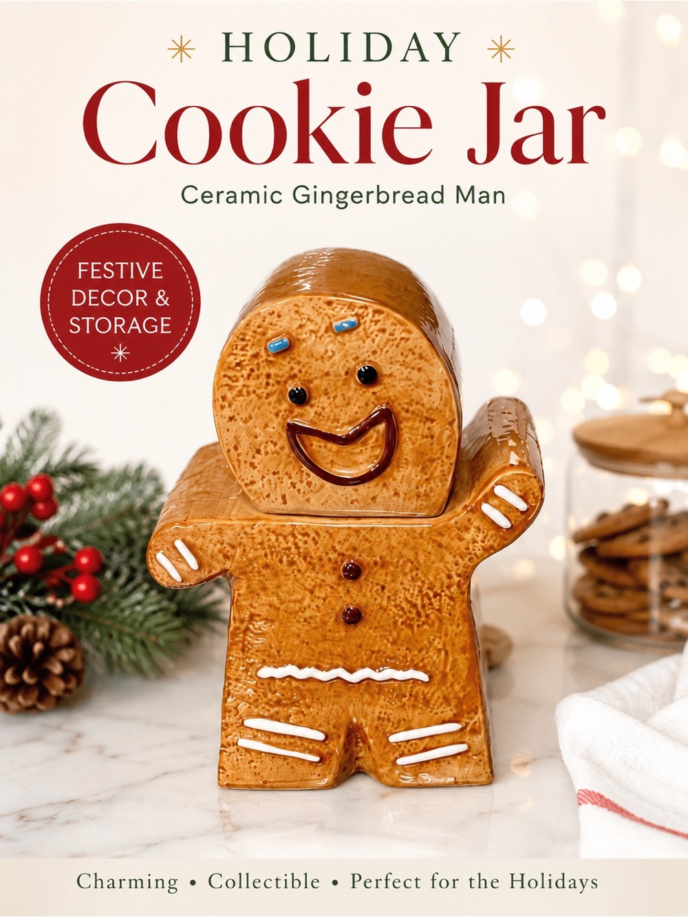 Holiday Ceramic Gingerbread Man Cookie Jar | Christmas Decor